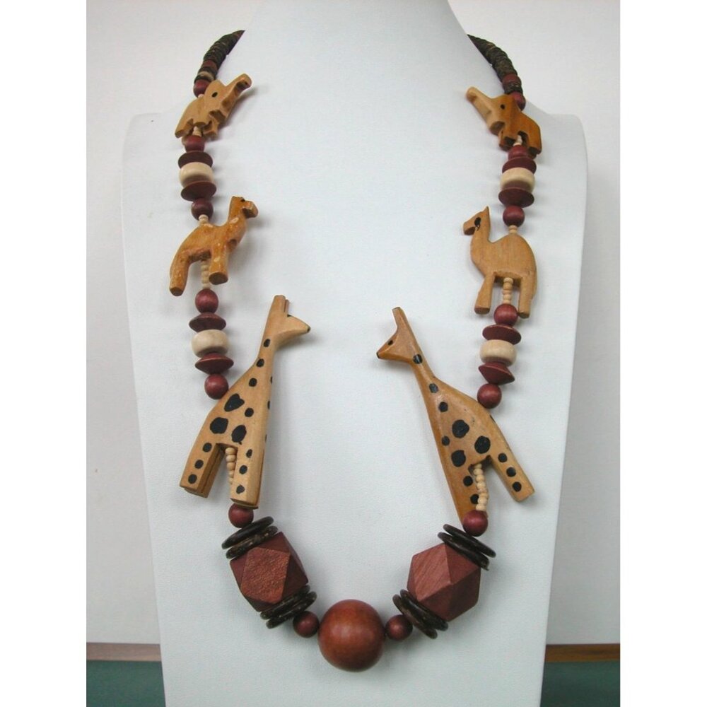 Handcrafted Wooden African Animal Necklace With Giraffe Elephant Camel Charms &